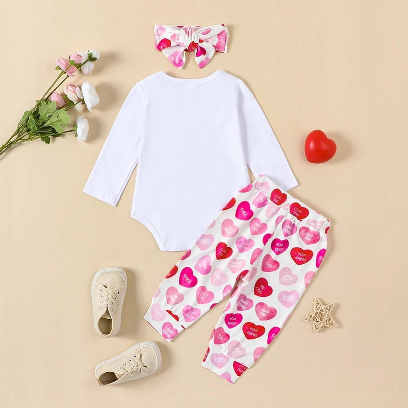 Description Picture 2 of itemNewborn Valentine s Day Pants Set Baby Girl Letter Print Romper and Heart Print Pants Headband Outfits Infant Clothing