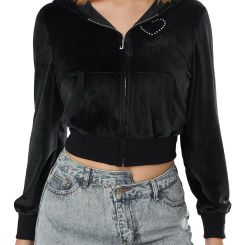 Women Hooded Coat Long Sleeve Zipper Heart Side Pockets Fall Spring Street Casual Loose Short Velvet Hood Sweatshirts For Women