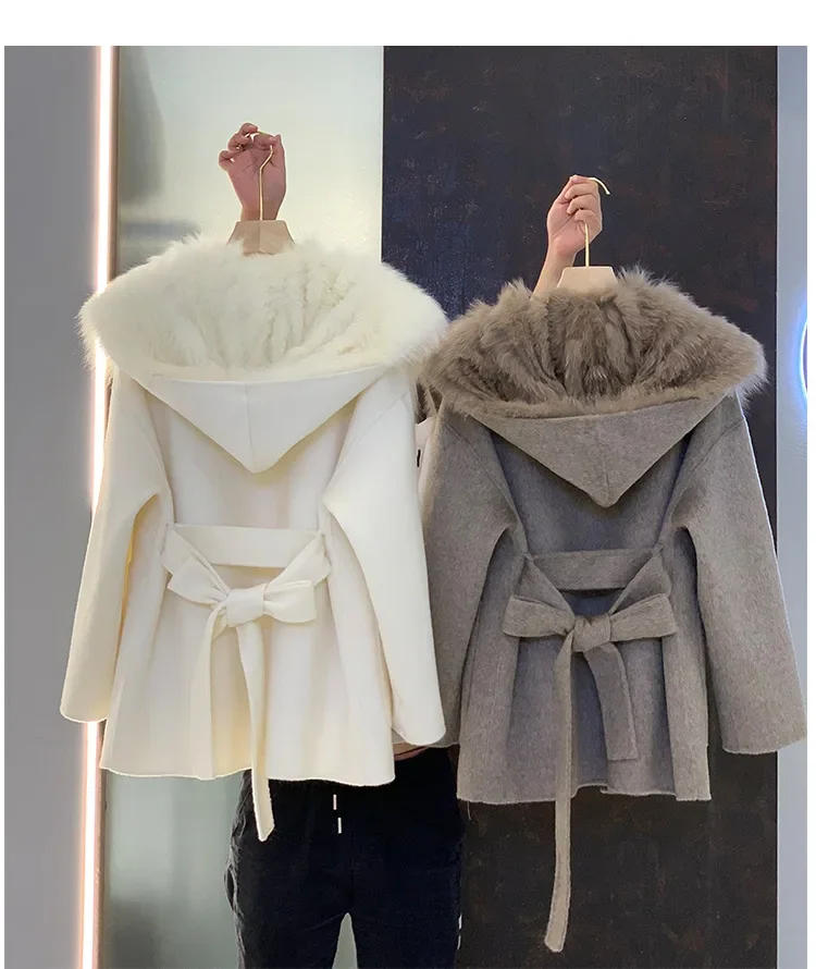 Description Picture 3 of itemRemovable Lining Striped Real Fox Fur Long Sleeve Woolen Coat With Hat Korea Overcoat Luxury Cashmere Women Winter Ribbon Jacket