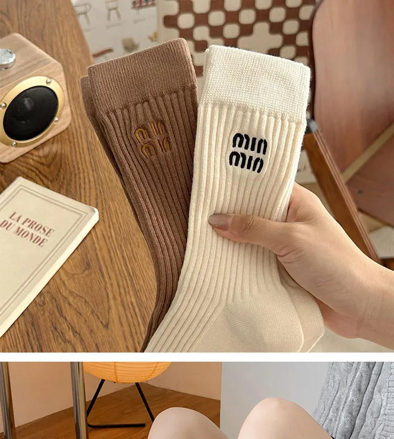 Description Picture 3 of item3 Pairs Winter Socks Women Luxury Stockings Brand Cotton Embroidered Letter Striped Mid-Tube Solid Stack Loose Fashion Socks