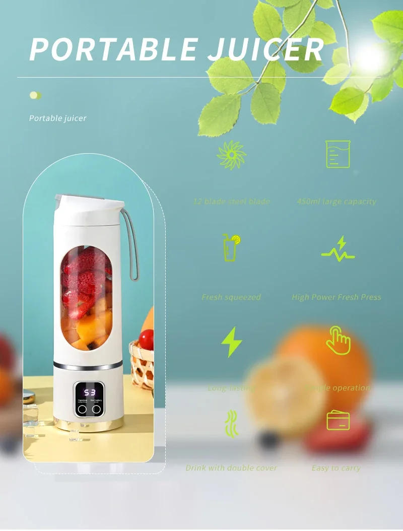 Description Picture 3 of item450mL Portable Fruit Juicer with 12 Page Blade Home USB Rechargeable Large Capacity with Digital Display Juice Maker Machine