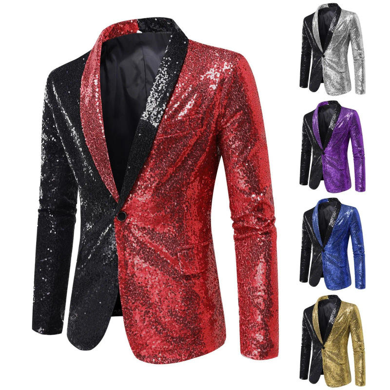 Description Picture 2 of itemSpring New Shiny Sequin Suit Jacket Men's Stage Performance Coat White Silver Blue Red Purple Blazers V-neck Single Button