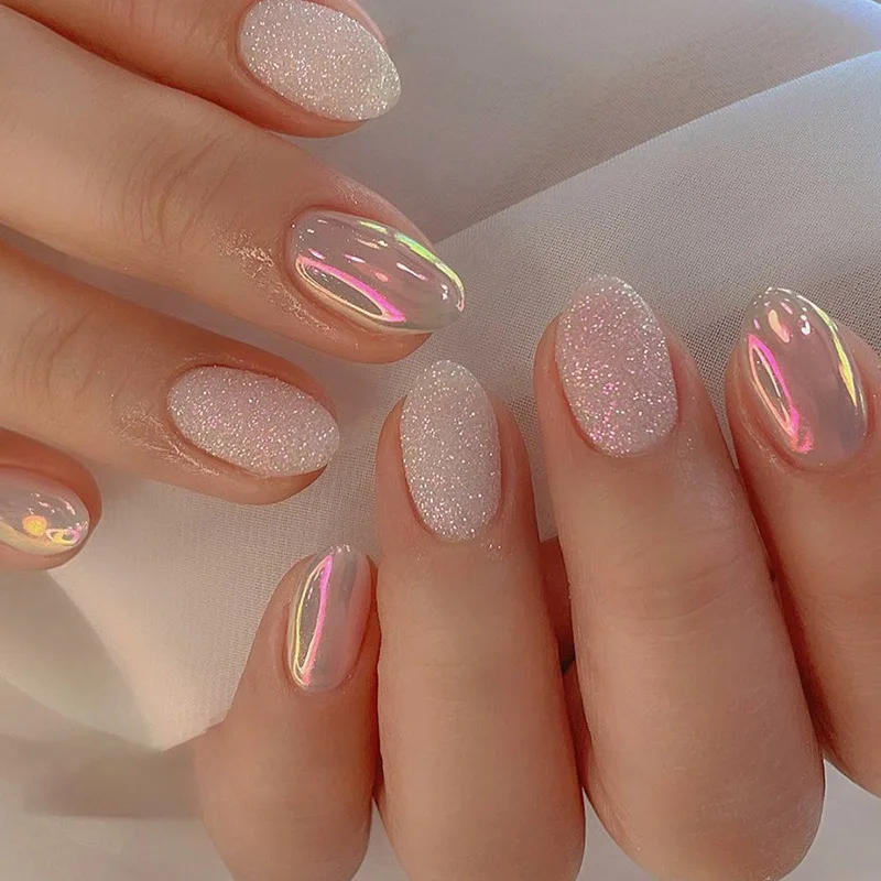 Description Picture 2 of item24Pcs Simple False Nails with Glue Short Almond Fake Nails Glitter Aurora Round Head Full Cover Nail Tips Oval Press on Nails