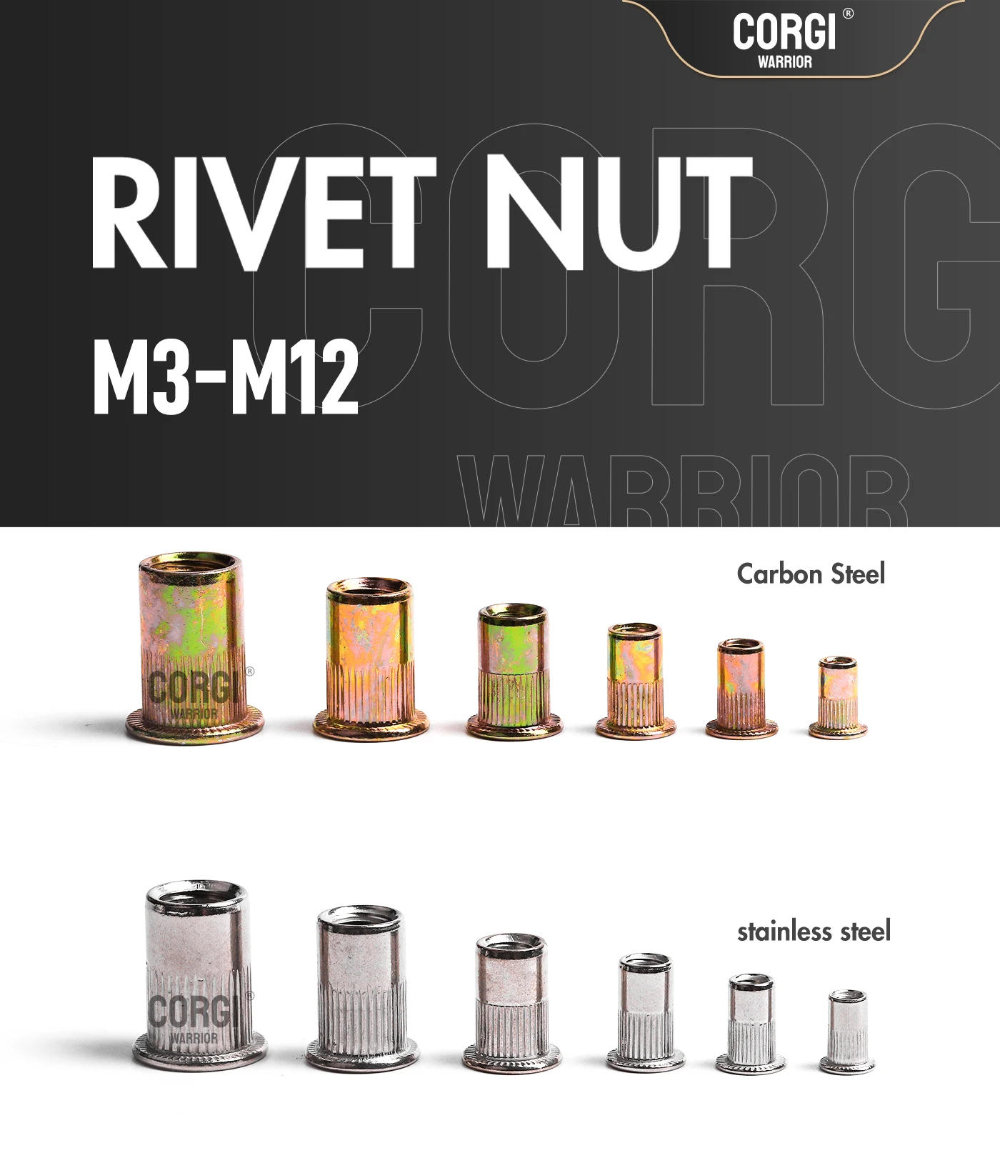 Description Picture 2 of itemM3 M4 M5 M6 M8 M10 M12 Metric Rivet Nut 2-20p Flat Head Threaded Insert Nuts Rivnuts Zinc Plated Carbon/Stainless Steel Nutsert
