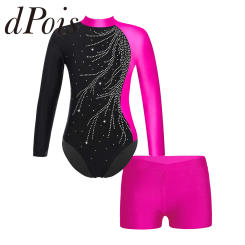 Children Long Sleeve Ballet Dance Outfits Kids Gymnastics Leotards with Shorts Girls Dancewear Sets for Yoga Unitard Jumpsuit