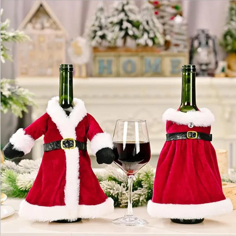 Description Picture 5 of item6/1pc Christmas Wine Bottle Cover Red Velvet Dress Clothes Bottles Bags for Xmas Dinner Table New Year Party Home Decoration