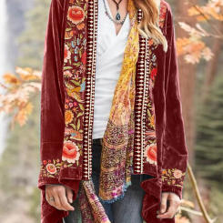 Women Plus Size Cardigan Boho Floral Pattern Open Front Coat Casual Vintage Embroidery Cardigans Autumn Long Sleeve Outerwear