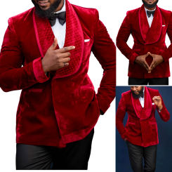 Velvet Men Suit Tailor-Made 2 Pieces Red Blazer Black Pants One Button Wide Lapel Tuxedo Business Wedding Groom Prom Tailored