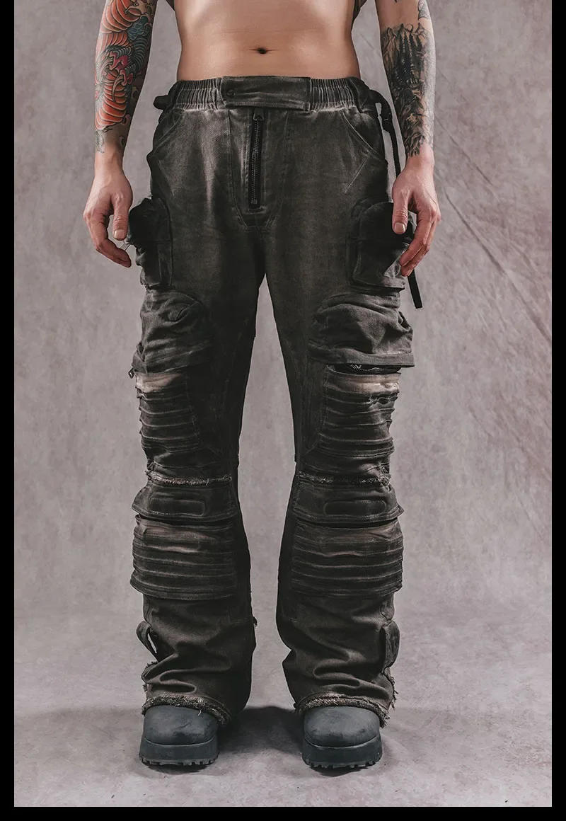 Description Picture 3 of itemHeavy Industry Stereoscopic Patch Bag Layered Distressed Washed Technology Wide Legs Big Horn Cargo Pants for Men