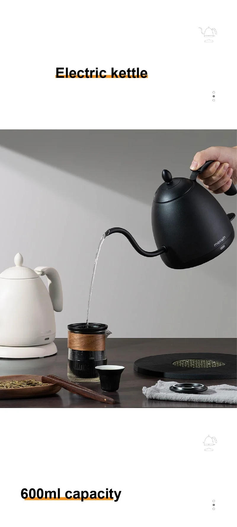 Description Picture 3 of item1000W Home Electric Kettle Gooseneck Pot Hand Brew Coffee Pot 304 Stainless Steel Kettle Automatic Power Off Tea Kettle 600ml