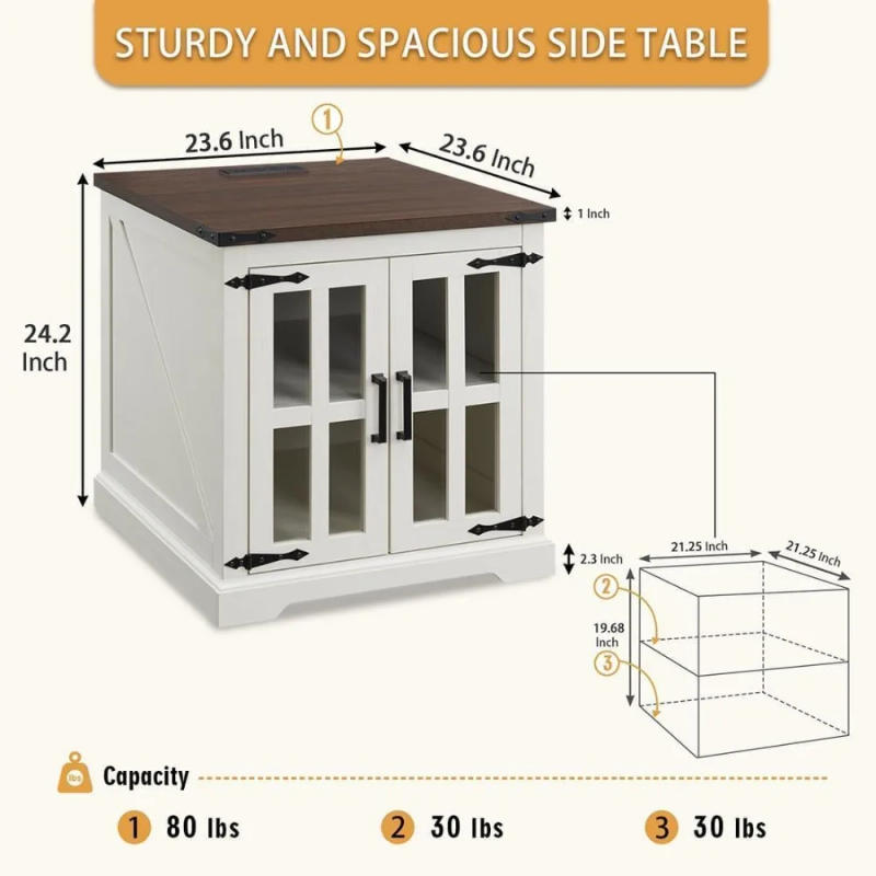 Description Picture 6 of itemFarmhouse End Table with Charging Station,24" Large Side Table with Glass Barn Door,for Living Room, Bedroom,2 Pack，Nightstands