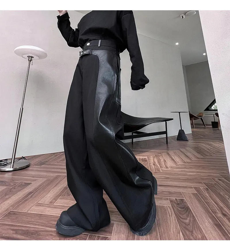 Description Picture 5 of itemMen Leather Splice Streetwear Fashion Loose Casual Hip Hop Biker Pants Male Harajuku Dark Black Motorcycle Baggy Pants