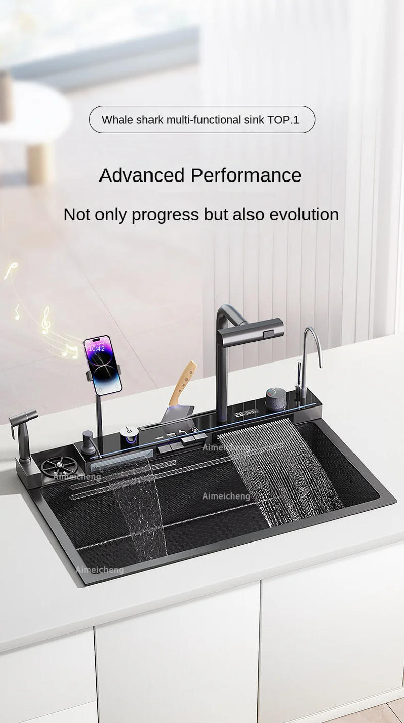 Description Picture 4 of itemNewest Stainless Steel Kitchen Sink Embossed Large Single Slot With Waterfall Faucet Multifunctional Washbasin Above Counter