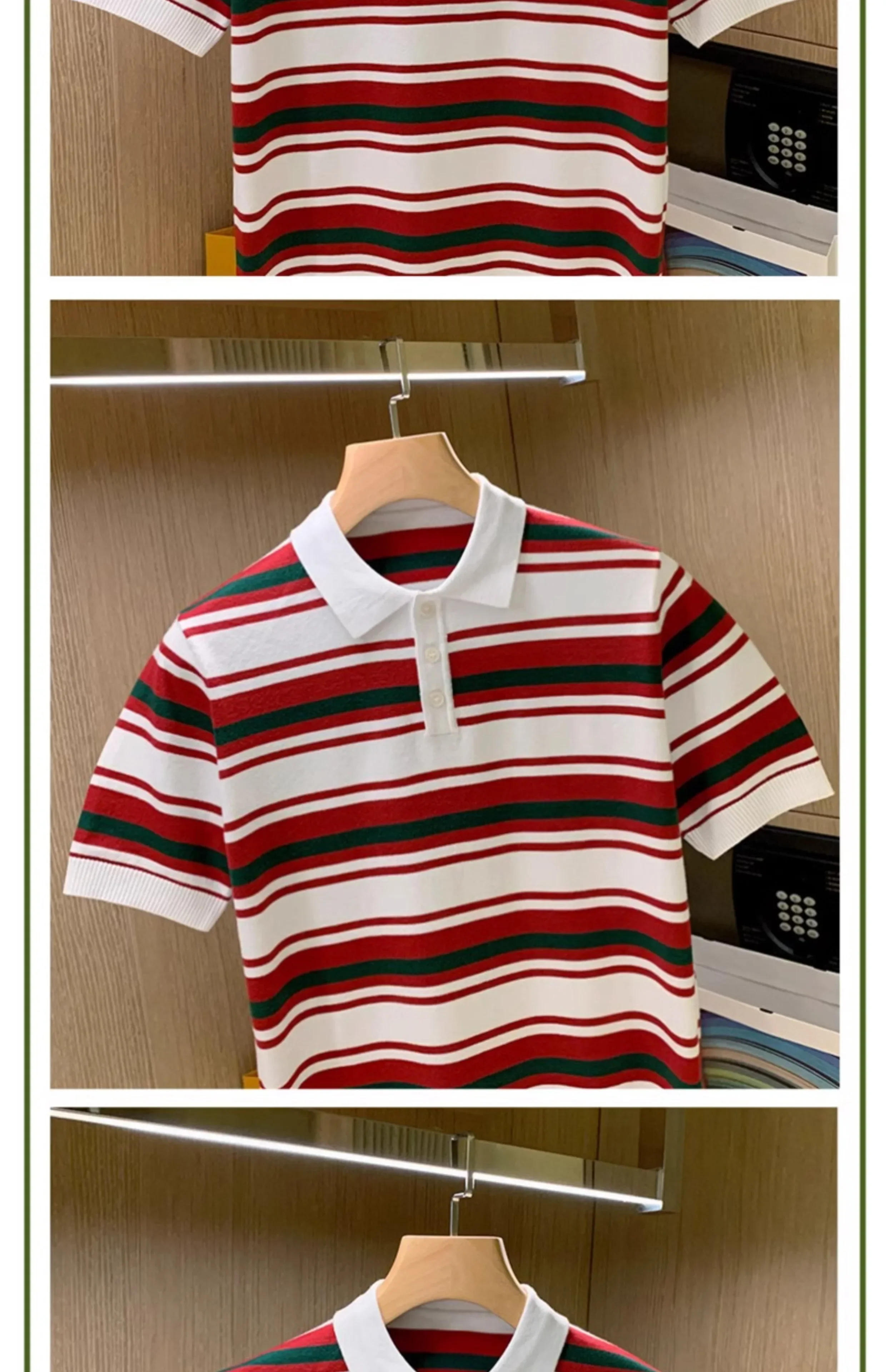 Description Picture 6 of itemSummer Fashion Striped Knitted Sweaters Short Sleeve Tees Tops Men Polo Shirt Casual Lapel Contrast Color Polo Shirt Retro W23