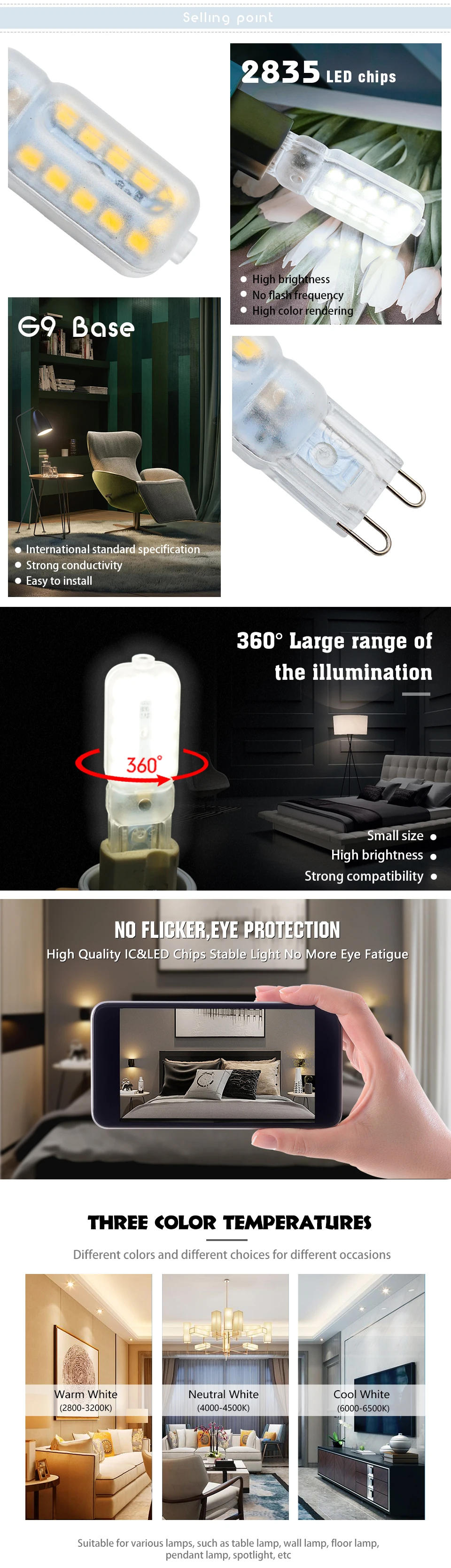 Description Picture 4 of item10pcs/lot G9 LED Light Bulb 220V 3W 5W 7W Cold/Warm/Natural White Spotlight for Crystal Chandelier Replace Halogen Lamp Lighting