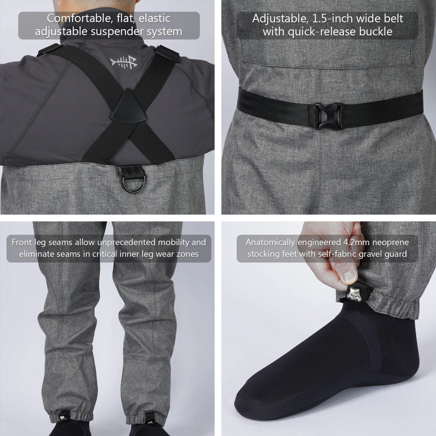 Description Picture 6 of itemBASSDASH Men Women Stocking Foot Fishing Waders IMMERSE Breathable Ripstop  Hunting Lightweight Grey Camo Fishery Farm Overalls