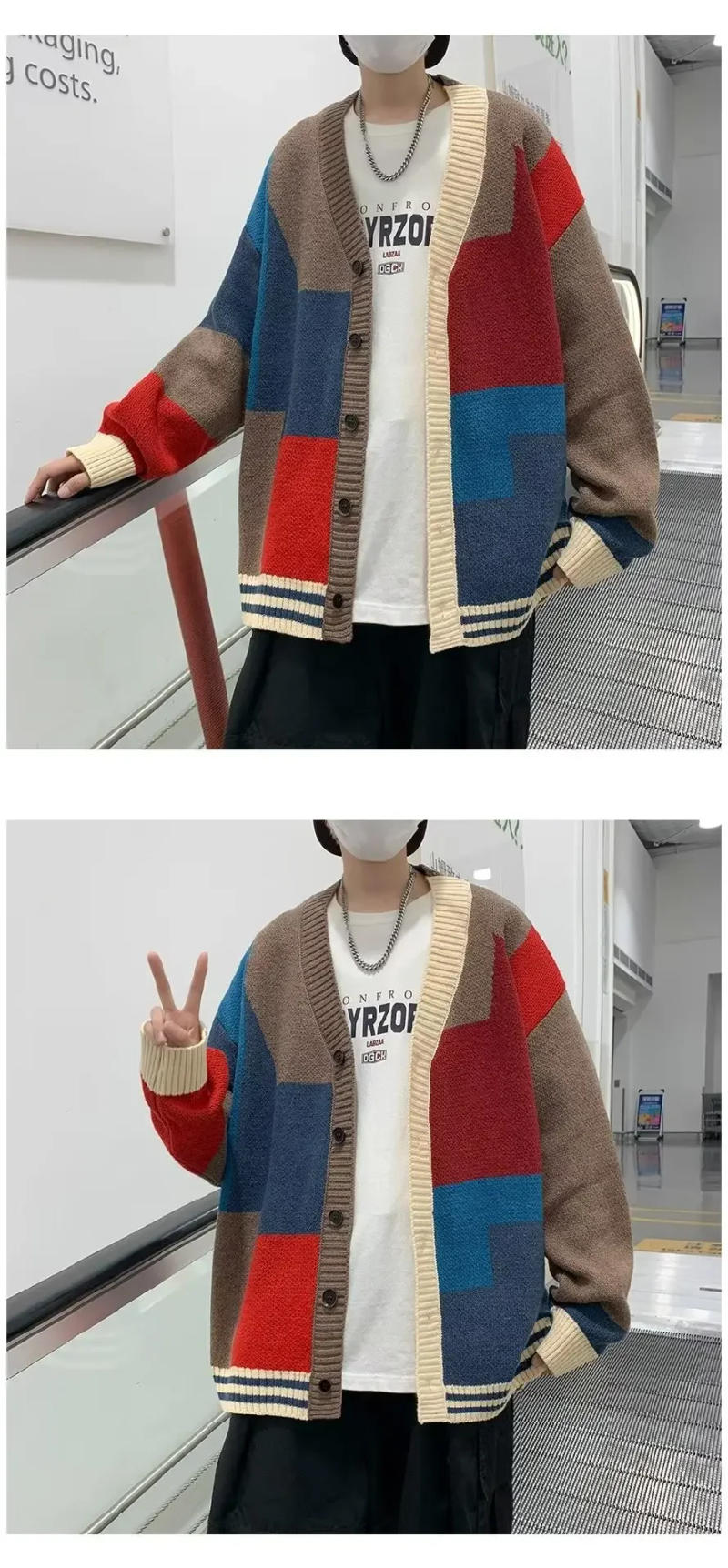 Description Picture 2 of itemAutumn/winter V-neck Color Blocking Cardigan Sweater Men's Loose Fit Trendy Knitted Top Couple Idle Style Jacket