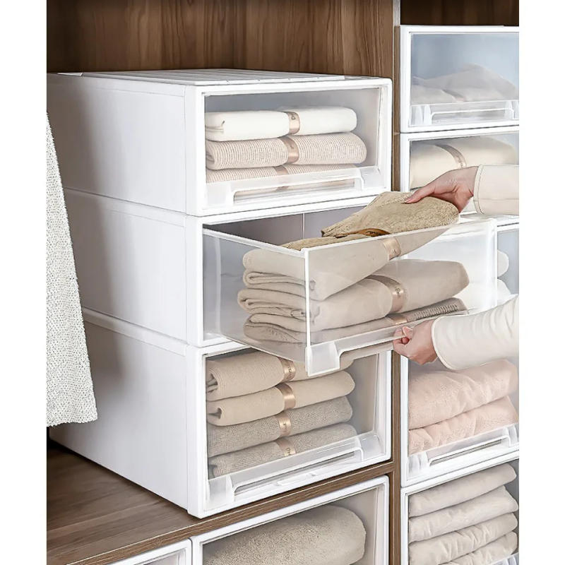 Description Picture 3 of item5.5L Transparent Stackable White Storage Box Drawer Organizer Plastic Clothes Storage Cabinet with Snap Snack Storage Box Closet