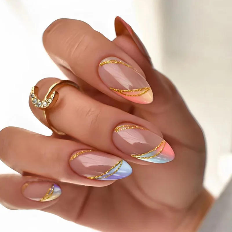 Description Picture 4 of item24Pcs Finished False Nails Detachable Long Almond Fake Fingernails French Pink Wave Line Designs Press on Nails Manicure Tips