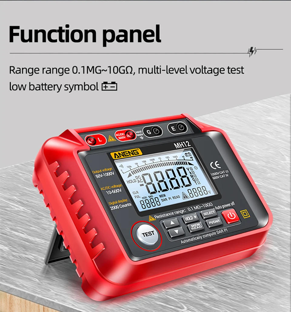 Description Picture 4 of itemANENG MH12 Digital Megohmmeter Meters Insulation Earth Resistance Meter Tester Cable High Voltage Voltmeter Resistor Meter Tool