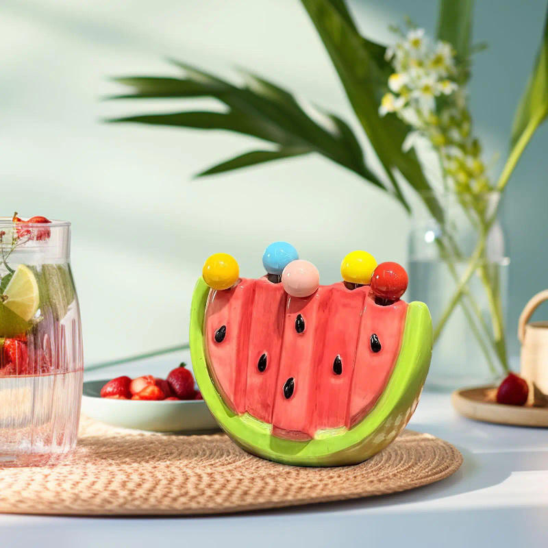 Description Picture 4 of item5Pcs Fruit Forks Set with Ceramic Jar Creative Reusable Stand Flatware Cake Forks for Appetizer Salad Fruit Household Picnic