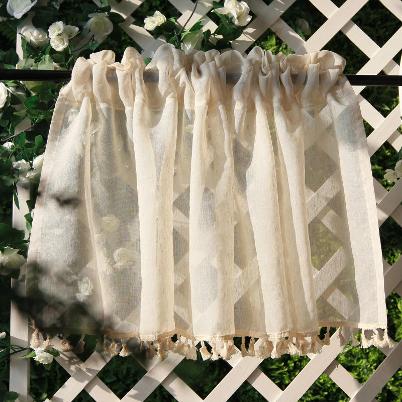Description Picture 2 of itemVintage Linen Window Drapes Tassels Sheer Cream Beige Tier Curtains Cafe Kitchen Net Short Curtains Panels Rod Pocket Valance
