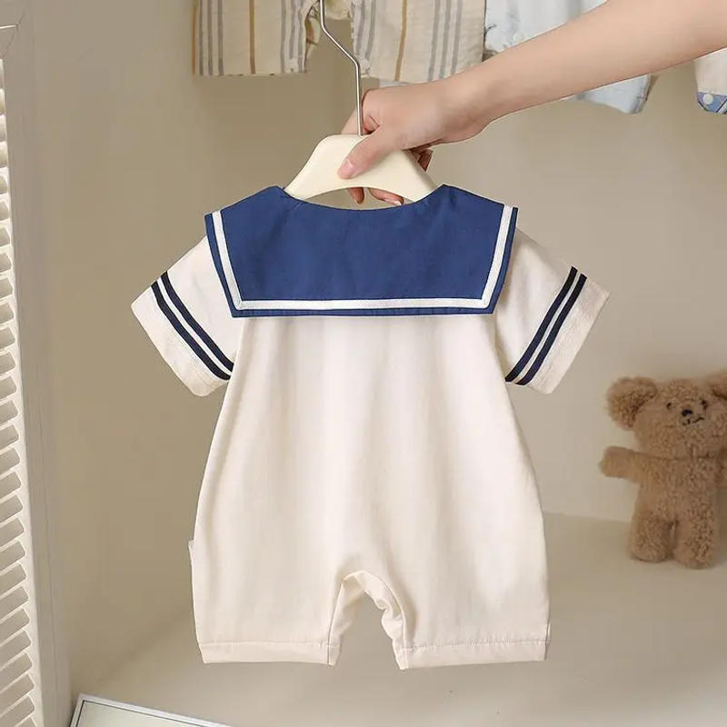 Description Picture 3 of item2025 Baby Navy Style Short-Sleeve Romper - Summer Newborn Outfit with Shorts, Breathable Cotton Casual Wear 0-24M