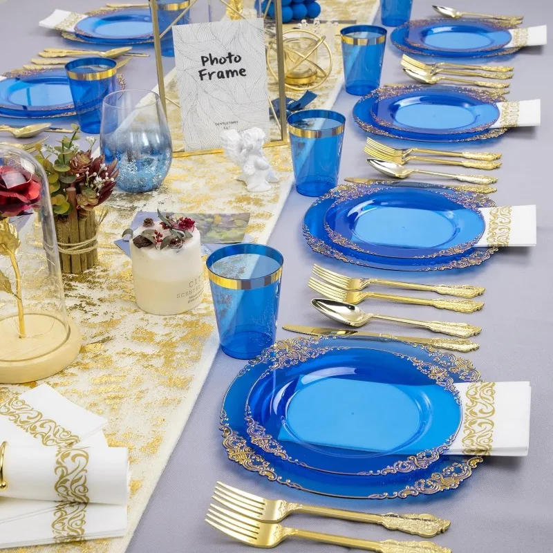 Description Picture 6 of item350PCS Blue Plastic Plates - Blue Plastic Dinnerware Sets for 50 Guests - 100 Blue Disposable Party Plates