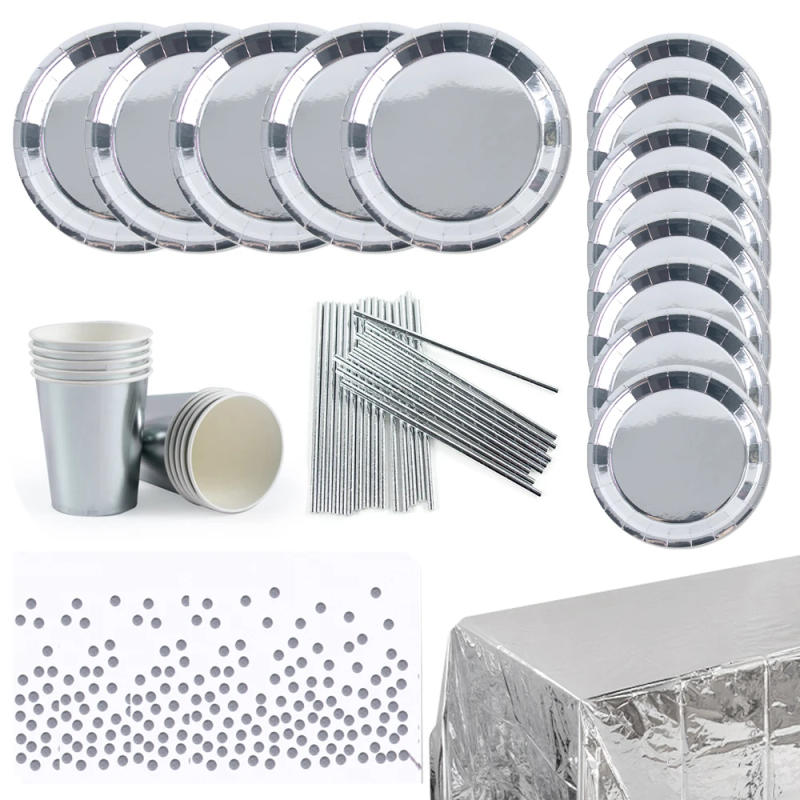 Description Picture 2 of itemSilver Paper Plates cup Tablecloth Birthday Party Decoration Disposable Tableware Baby Shower Wedding Bachelor Party Supplies