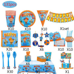 Blippiing Theme Birthday Party Decor Tableware Banner Balloon Cake Topper Backdrop for Boys and Girls Baby Shower Party Supplies