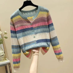 Blue Striped Rainbow V-Neck Knitted Casual Chic Long Sleeve Women's Cardigan Single Breasted Sweater For Women Clothing 2025