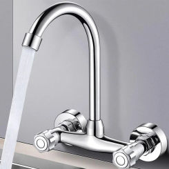 Stainless Steel Kitchen Sink Faucet Double Hole Wall Mounted Cold And Hot Faucet 360degree Swivel  Kitchen Faucet