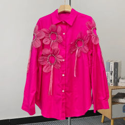 2025,New,European,Clothes,Loose,Blouse,Sexy,Cardigan,Vintage single,Breasted,3D flower,Women,Shirt,Long Sleeve,Casual,Tops,41269