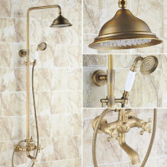Bathroom Rain Shower Set Antique Brass Wall Mounted Bath Shower Faucets with Hand Shower Wall Mounted Lrs124