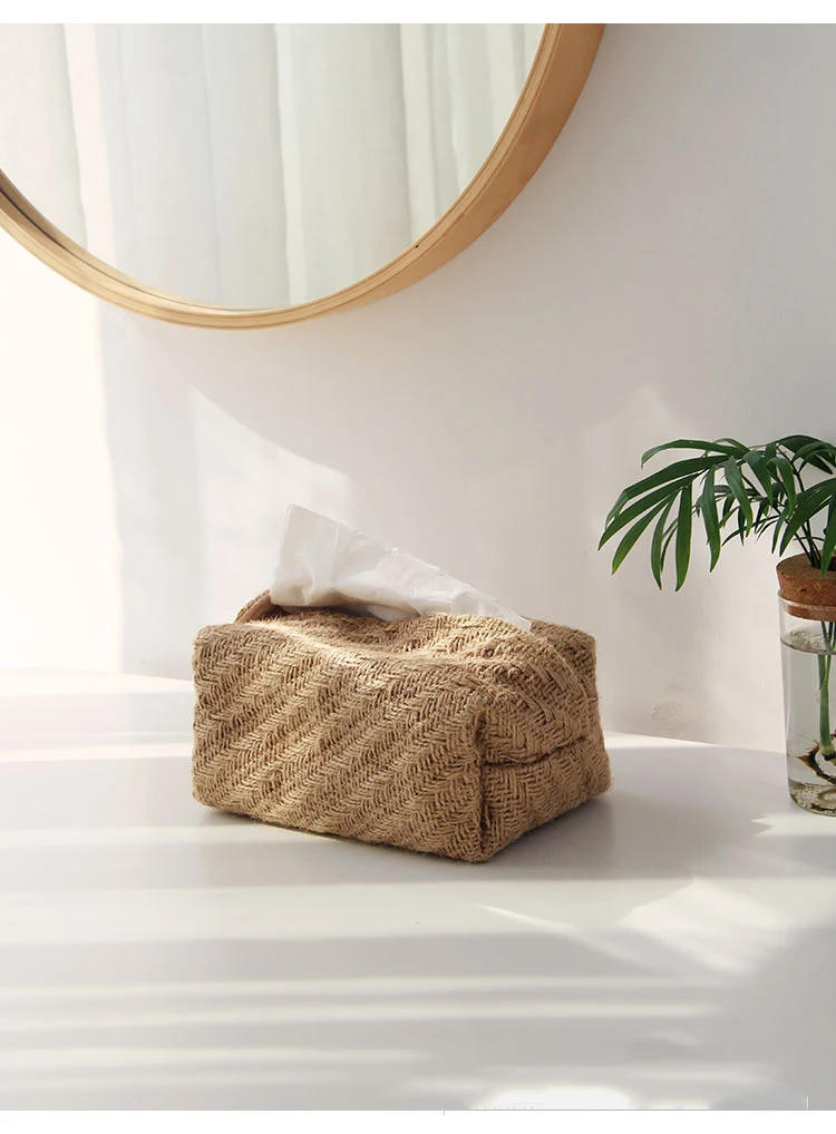 Description Picture 4 of itemJapanese-Style Jute Tissue Case Napkin Holder for Living Room Table Tissue Boxes Container Home Car Papers Dispenser Holder