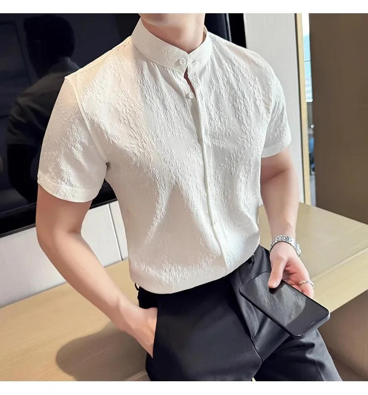 Description Picture 5 of item2024 Summer Short Sleeve Shirts Men's Slim Fit Casual Shirt Men Clothing Standing Collar Business Social Tuxedo Men Clothing