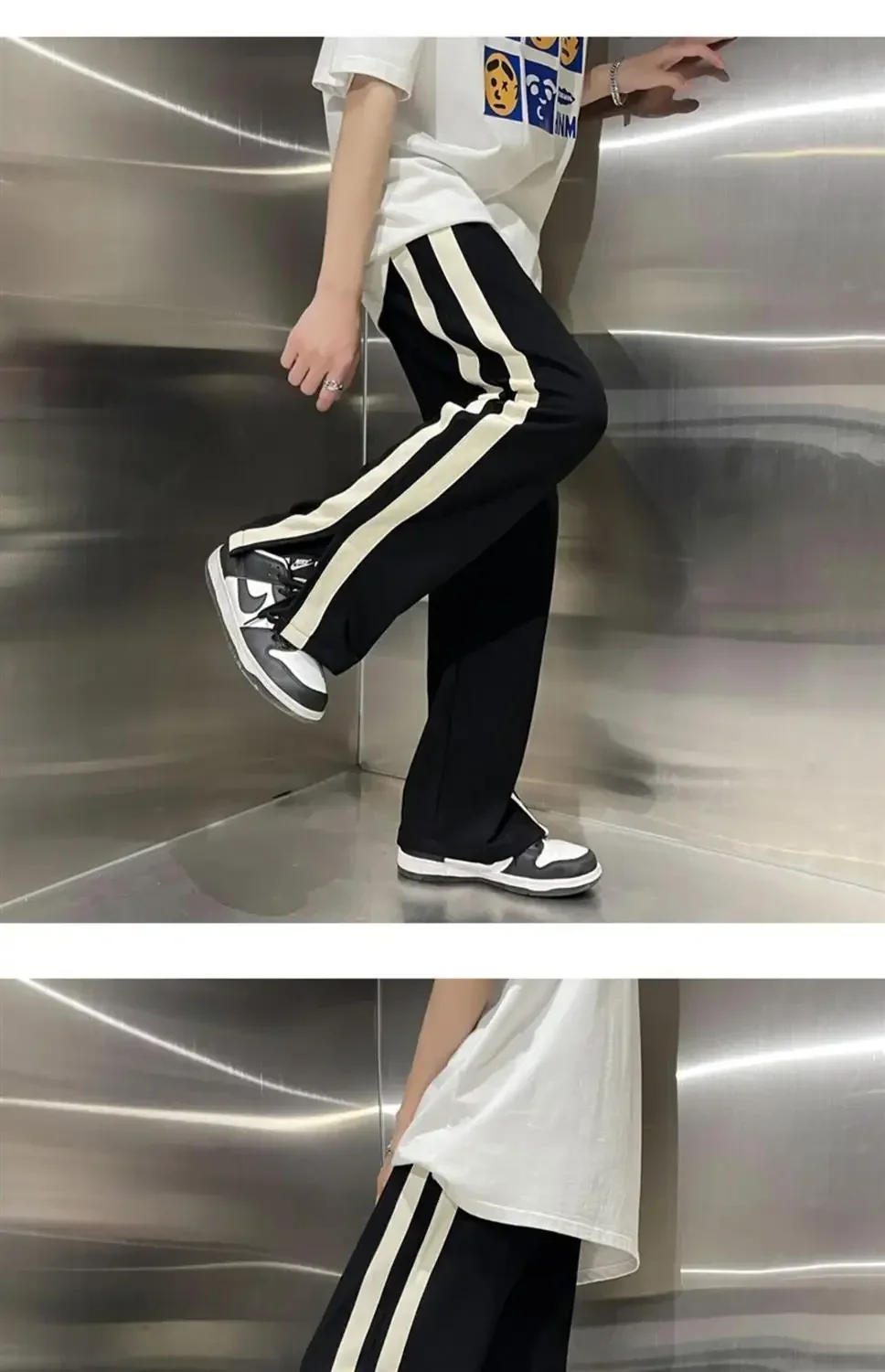 Description Picture 6 of itemSummer New Elastic Waist Drawstring Pockets Contrast Color Patchwork Split Wide Leg Trousers 2024 Man Street Motion Trousers