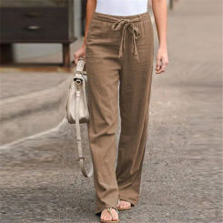 Women Elastic Waist Baggy Pants Fashion Pocket Drawstring Solid Basic Straight Pant Casual Streetwear Office Lady New Trousers
