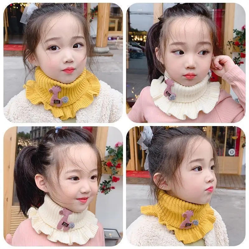 Description Picture 6 of item6 Colors Baby Knitted Scarf Cartoon Giraffe Ruffle Neck Warmer Girls Kids Accessories Collar Circle Outdoor Winter Warm Scarves