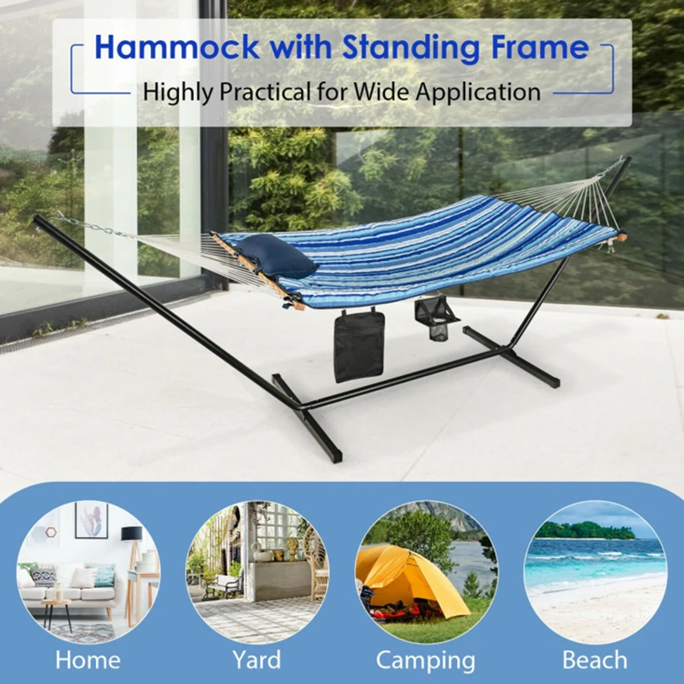 Description Picture 5 of itemHammock Chair Stand Set Cotton Swing with Pillow Cup Holder Indoor Outdoor Hammocks