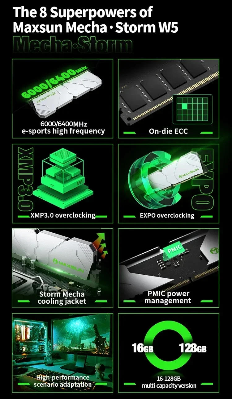 Description Picture 3 of itemMAXSUN DDR5 Memoria RAM 6400MHZ 16GB Desktop Memory DDR5 Heatsink RAMs Dual channel Computador Component Desktop PC