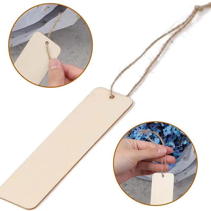 Description Picture 3 of item5/10/20Pcs Rectangle Wooden Tags Unfinished Nature Wood Slices DIY Crafts Wood Bookmark Garment Clothing Tag Hanging Label Decor
