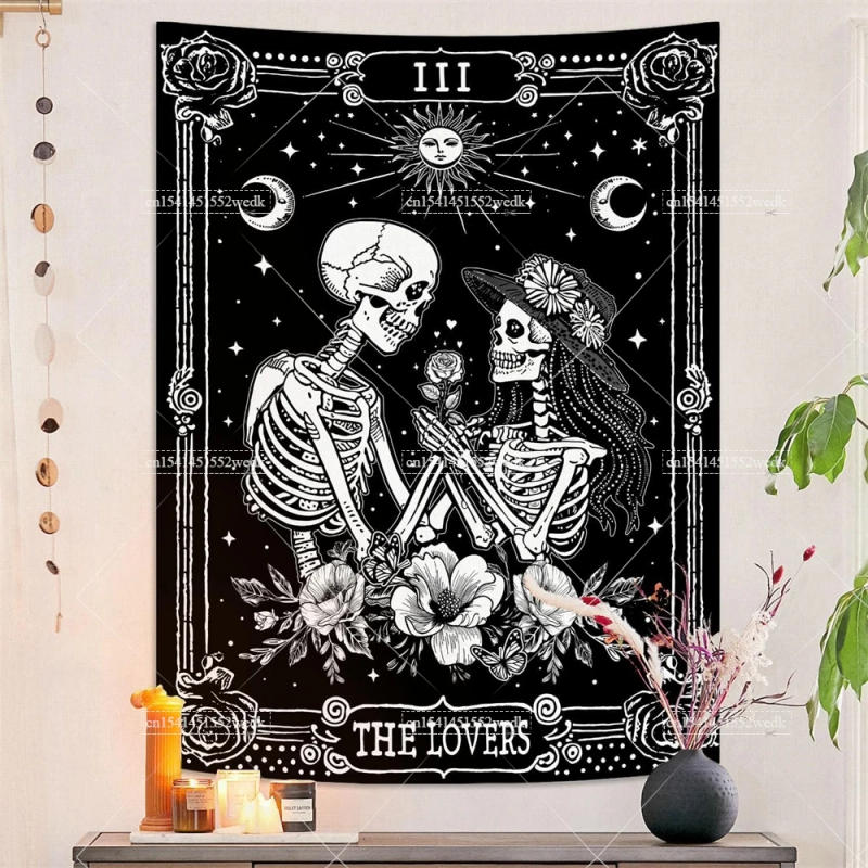 Description Picture 4 of itemVintage The Lover Wall Hanging Tapestry Skeleton Flowers Tarot Card Tapestry Astrology Aesthetic Room Decorative Party Backdrops