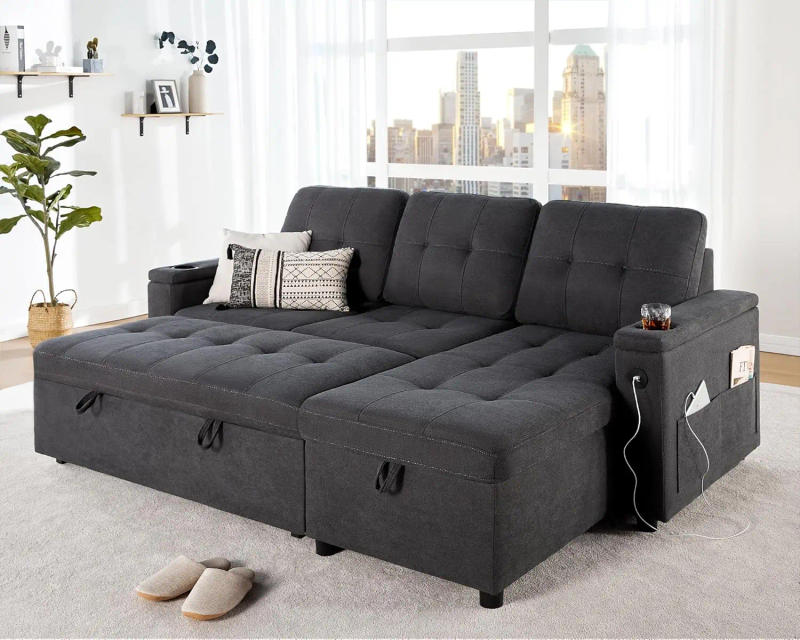 Description Picture 2 of itemSofa Bed Sleeper Sofa with USB Charging Ports L-Shaped Couch with Storage Pull Out Couch for Living Room Grey Linen