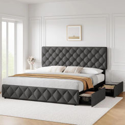King Size Bed Frame with 4 Storage Drawers and Headboard, Linen Upholstered Platform Bed Frame with Wooden Slats Support