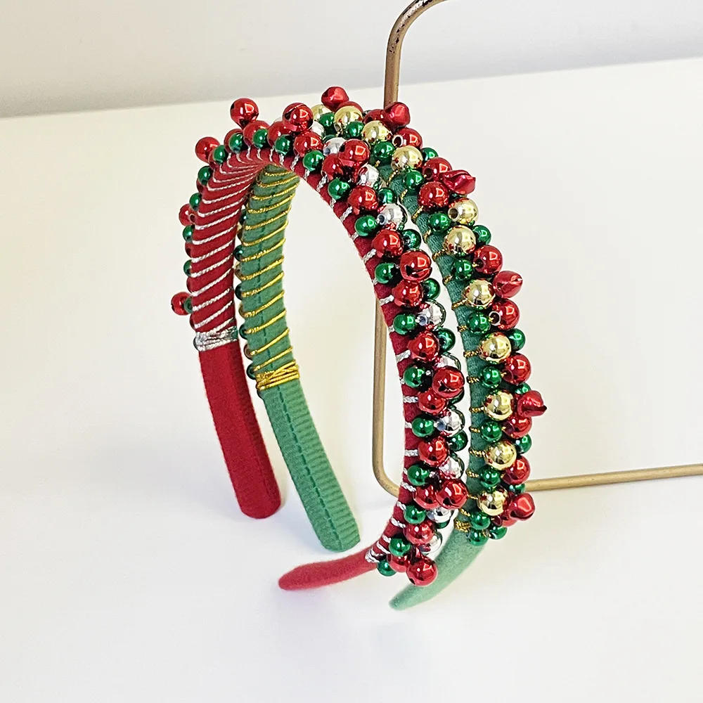 Description Picture 3 of itemNew Red Green Christmas Headband Women's Simple Thin Edges Flannel Jingling Bell Beaded Winding Holiday Hair Accessories