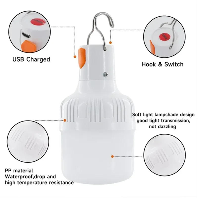 Description Picture 5 of item1PC Outdoor USB Rechargeable LED Lamp Bulbs 60W Emergency Light Hook Up Camping Fishing Portable Lantern Night Lights LT014