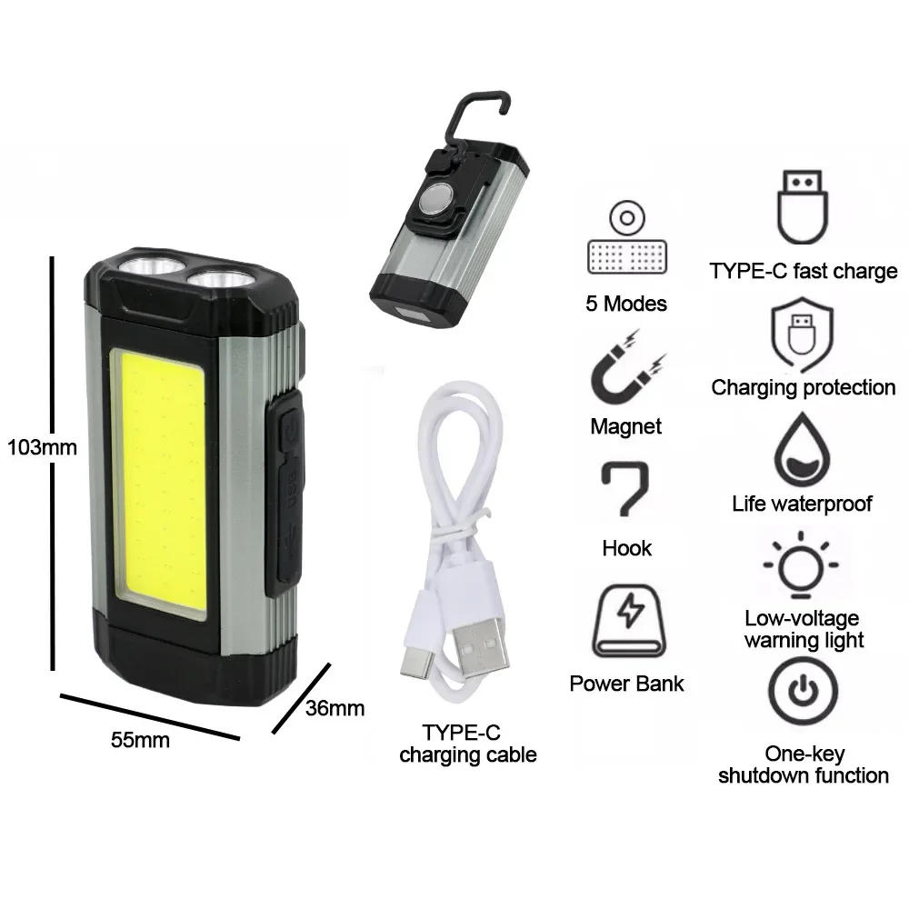 Description Picture 2 of item1/2/4PCS Magnetic COB Work Light USB Rechargeable LED Flashlight Portable Lantern Camping Light Type-C Power Bank Function Lamp