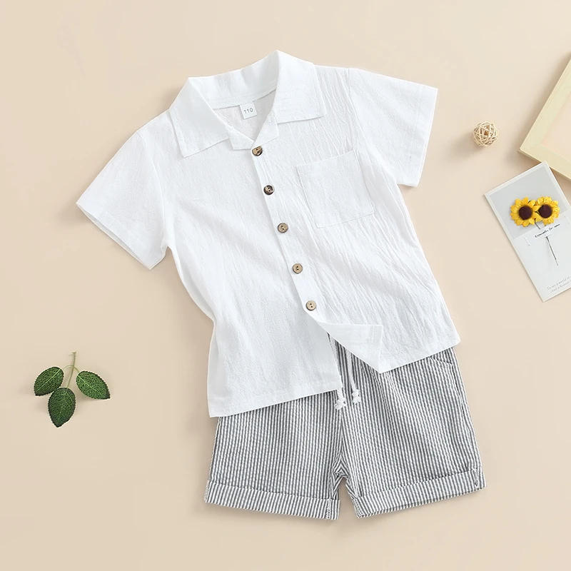 Description Picture 4 of itemBaby Boy Summer Cotton Linen Clothes Short Sleeve Button Down Shirt with Elastic Waist Stripe Print Shorts 2Pcs Outfit