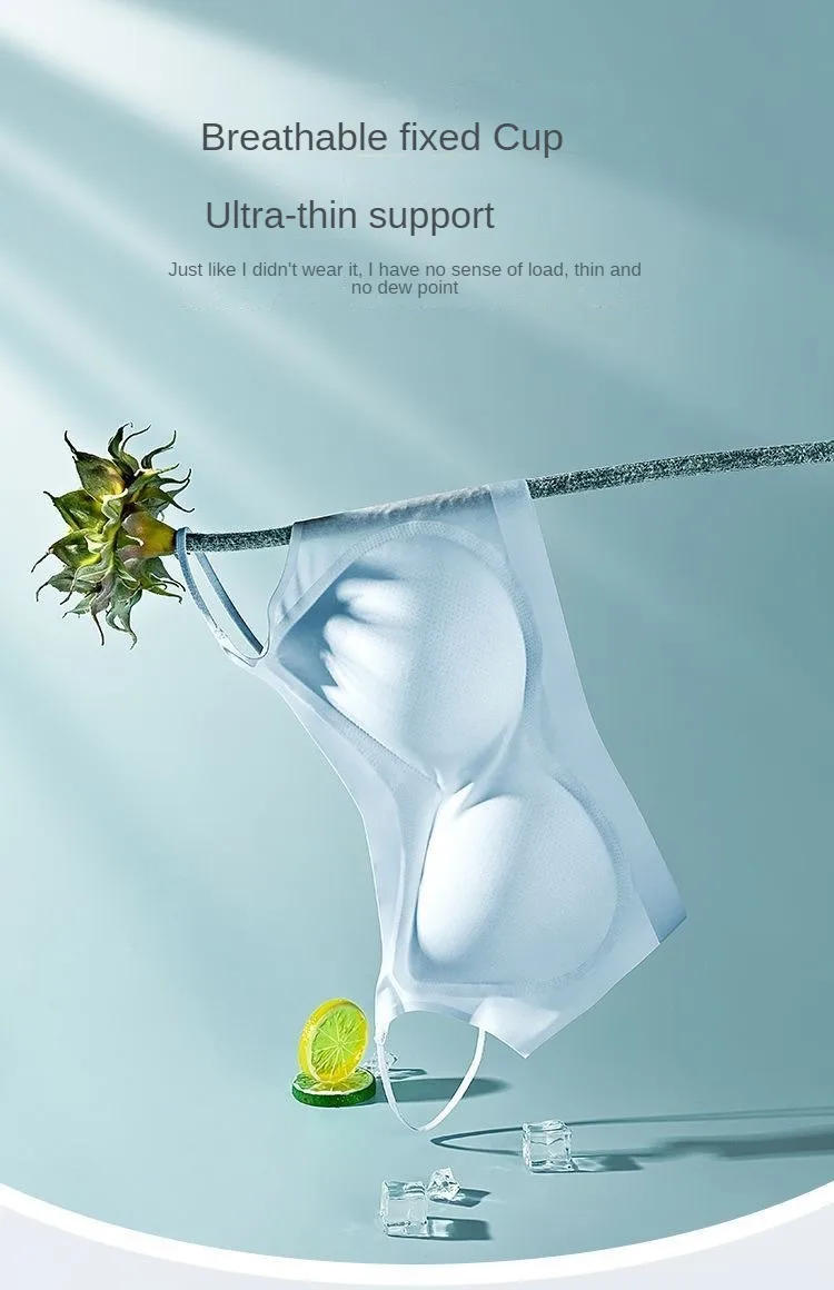 Description Picture 6 of itemWomen Ice Silk Beautiful Back Seamless Ultra Thin Bra Wireless Solid Vest Bra with Padded Inside Wear Sling Invisible Brassiere